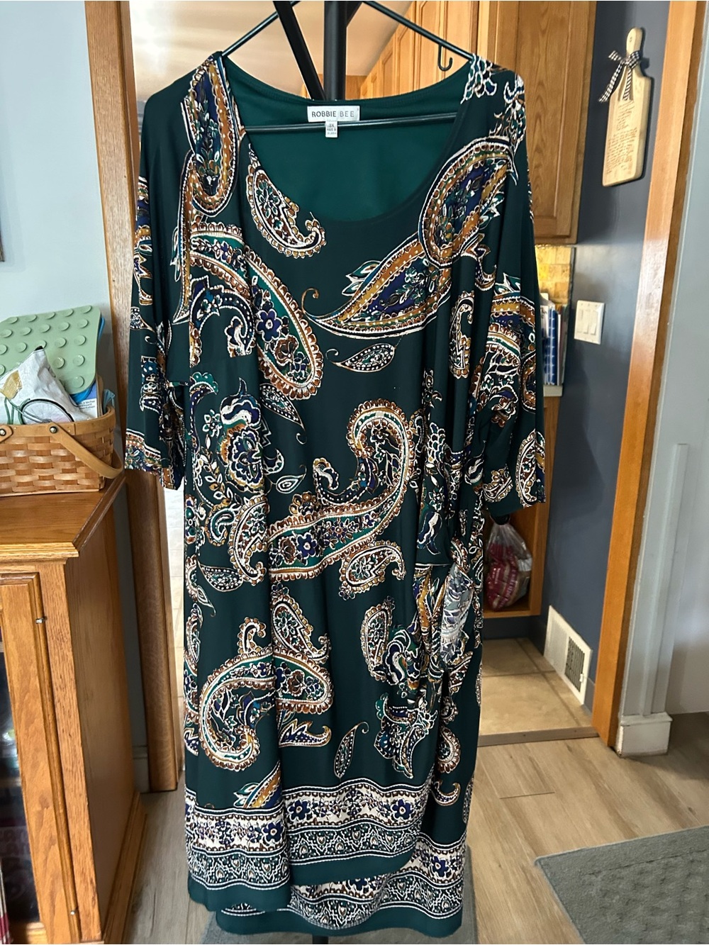Robbie Bee Dark Green Paisley Midi Dress with Gold & Navy Accents